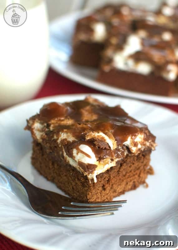 Homemade Rocky Road Brownies with melted chocolate, marshmallows, and walnuts
