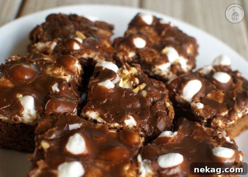 Close-up of Rocky Road Brownies with visible marshmallows and nuts