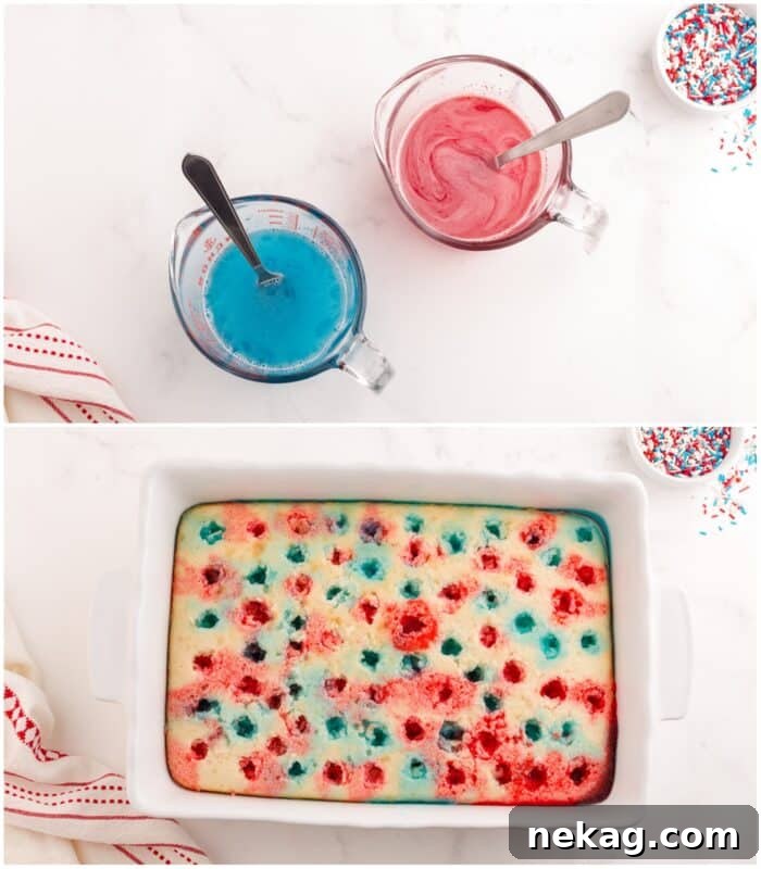 Making red and blue jello and filling the holes in the cake.