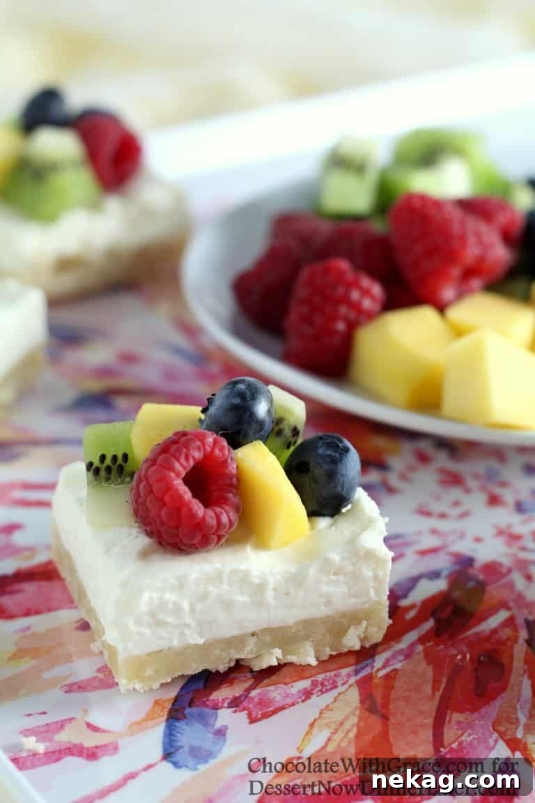 Vibrant Fruit Cheesecake Squares 5 These Fruit Cheesecake Bars have a tender shortbread crust that is topped with a creamy no-bake cheesecake layer that's piled high with fresh fruit.