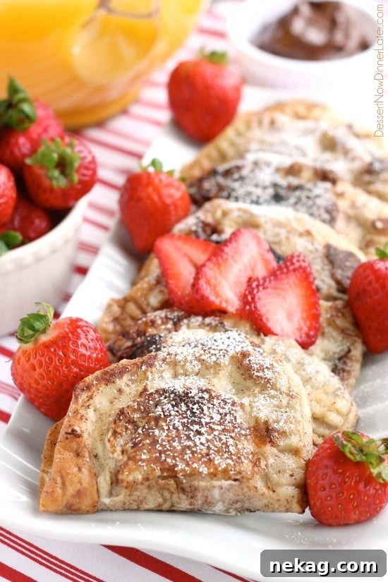 A close-up view of two pieces of perfectly cooked Stuffed French Toast, revealing a peek of the strawberry and Nutella filling.