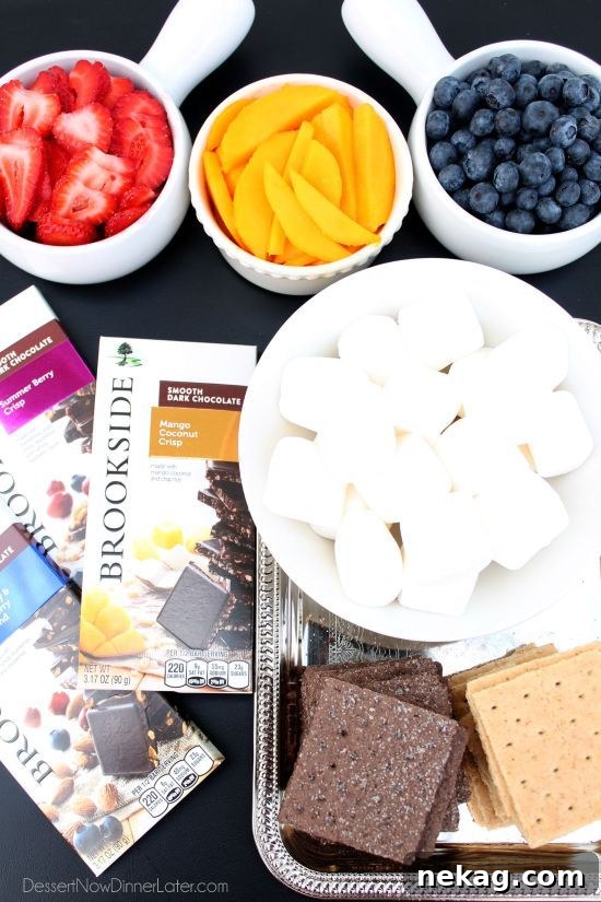 S'mores Reimagined 4 A close-up of Fancy S'mores made with Brookside dark chocolate, fresh fruit, and toasted marshmallows, inviting you to create this delicious treat.