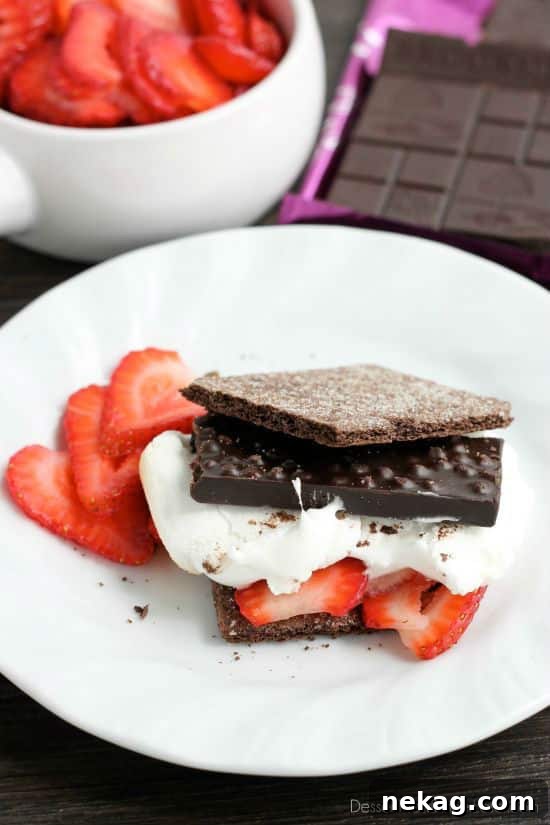 S'mores Reimagined 6 Close-up of a delectable Strawberry S'more, featuring chocolate graham crackers, fresh strawberries, melted marshmallow, and Brookside Summer Berry Crisp chocolate.