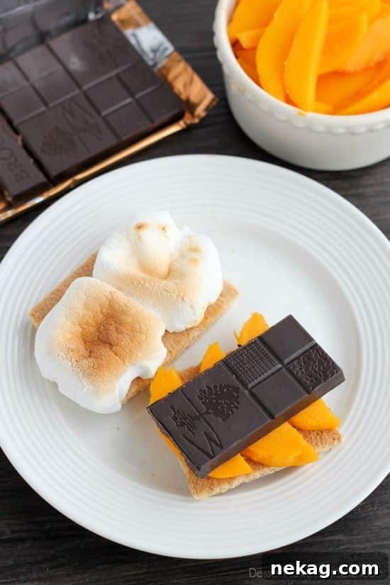 S'mores Reimagined 7 Exotic Mango S'more crafted with fresh mango slices, perfectly toasted marshmallows, and Brookside Mango Coconut Crisp chocolate, all on honey graham crackers.