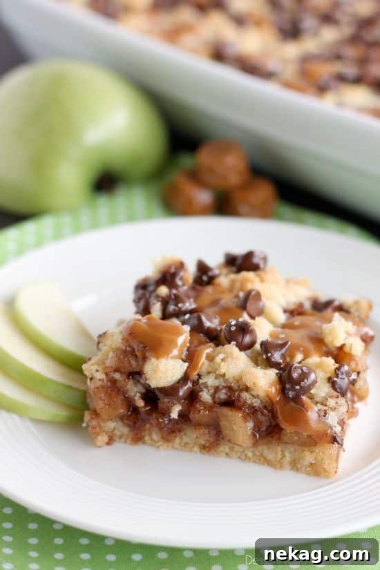 Decadent Chocolate Caramel Apple Crumble Squares 2 Decadent Chocolate Caramel Apple Crumb Bars featuring a buttery crust, sweet apple filling, melted caramel, and chocolate chips with sea salt.