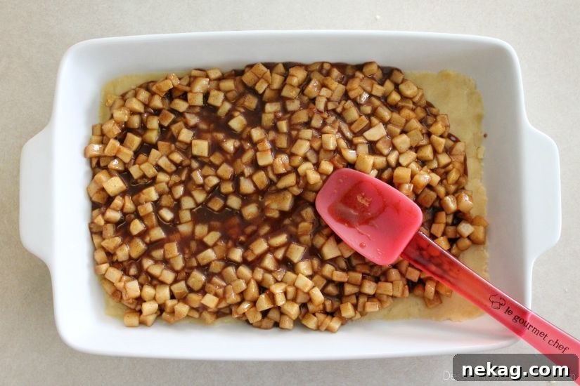 Decadent Chocolate Caramel Apple Crumble Squares 11 Cooked apple filling spread over the crust in a baking dish.