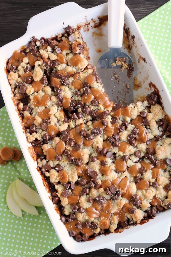 Decadent Chocolate Caramel Apple Crumble Squares 15 Finished Chocolate Caramel Apple Crumb Bars with sea salt, sliced and ready to eat.
