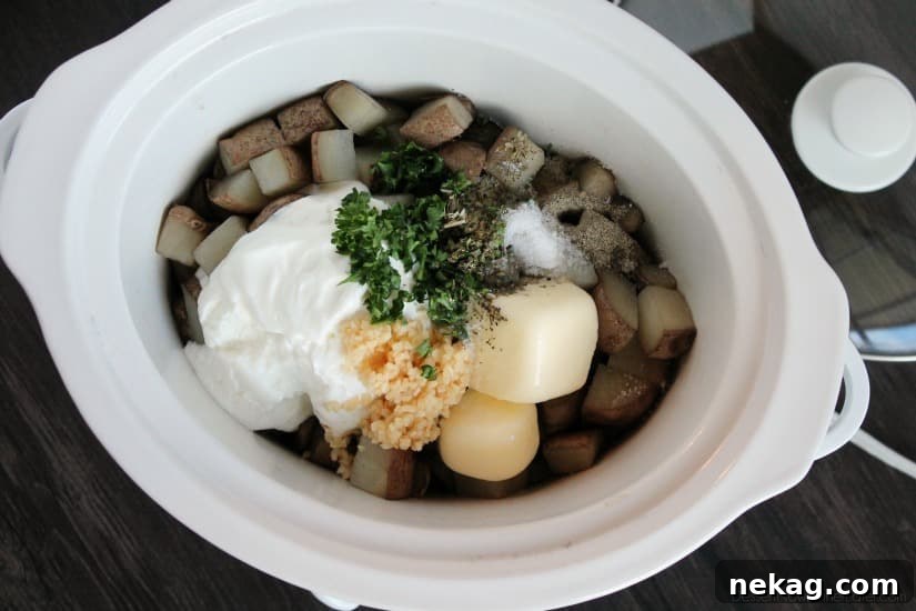 Cooked potatoes in a slow cooker, ready for mashing.