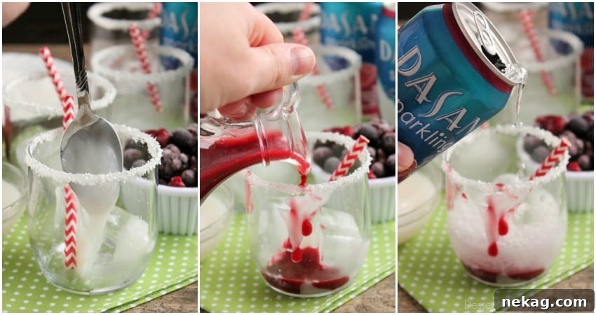 Three beautifully presented Berry Coconut Spritzers, showcasing their vibrant colors and festive appeal.