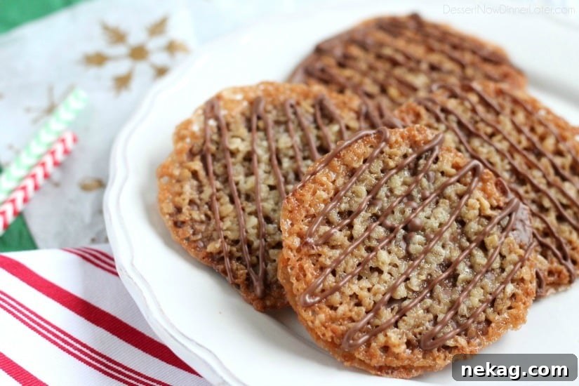 Golden Oat Florentine Laces 3 Thin, crisp, buttery cookies are sandwiched between melted milk chocolate with an extra chocolate drizzle on top. They taste like toffee and they look like lace. These Florentine Cookies are a holiday favorite!