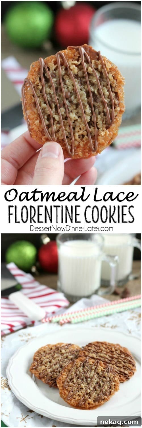 Golden Oat Florentine Laces 8 Thin, crisp, buttery cookies are sandwiched between melted milk chocolate with an extra chocolate drizzle on top. They taste like toffee and they look like lace. These Florentine Cookies are a holiday favorite!