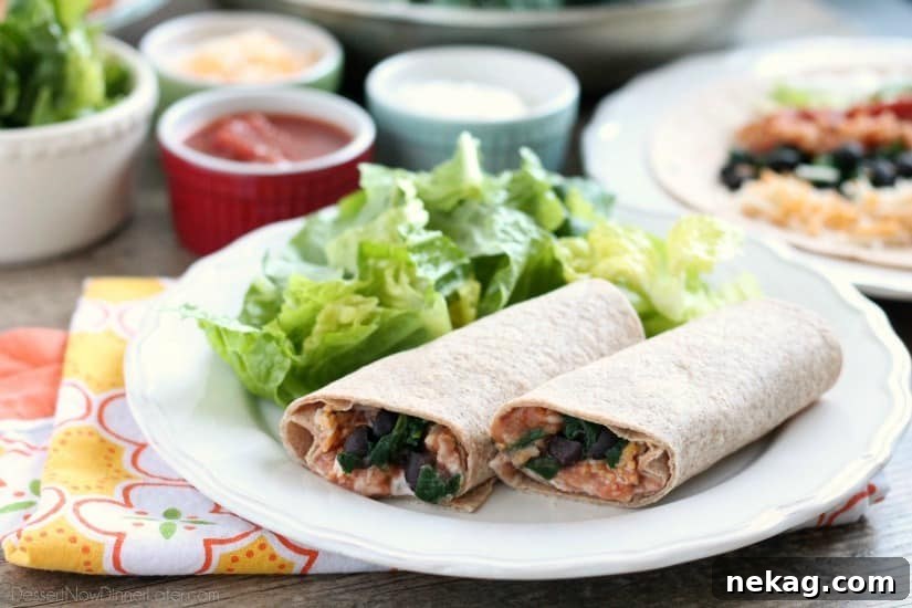 Hearty Spinach Bean Burrito 3 Close-up of the fresh ingredients for Spinach & Bean Burrito Wrap, including spinach, black beans, and salsa.