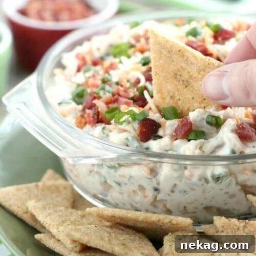 A loaded baked potato inspired this chip dip full of bacon, cheese, green onions, and ranch dressing mix. A delicious party dip or game day appetizer.