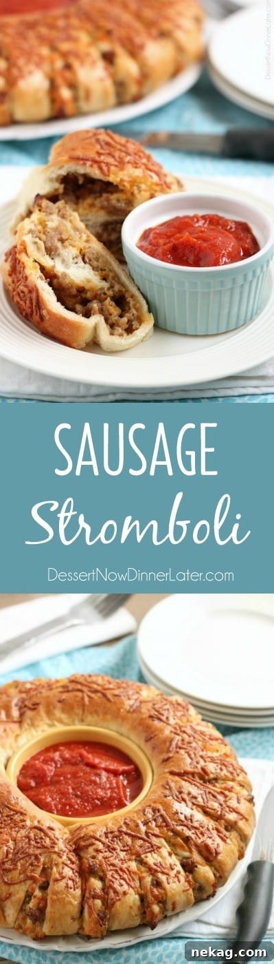 Hearty Sausage Stromboli 7 Large Sausage Stromboli ring, freshly baked and golden brown, ready to be sliced and served.