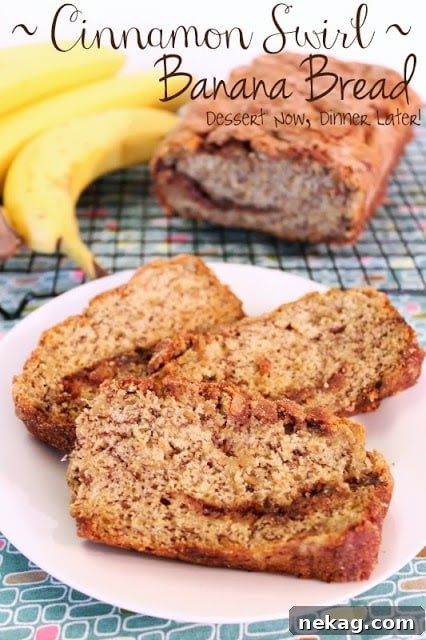 A beautifully presented, labeled image of a whole cinnamon swirl banana bread loaf with two slices cut and placed on a plate beside it, inviting viewers to enjoy.