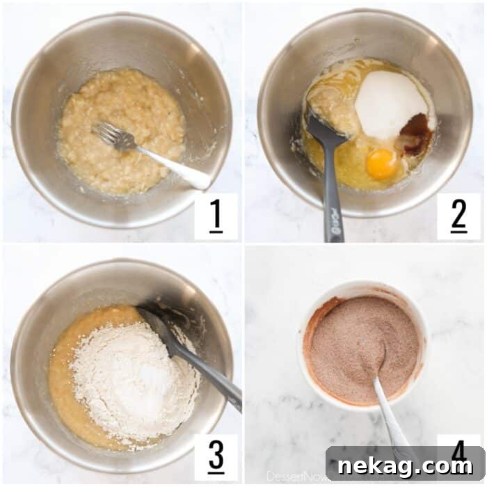 Visual steps showing the preparation of banana bread batter in one bowl and cinnamon sugar in another, highlighting the ease of the process.