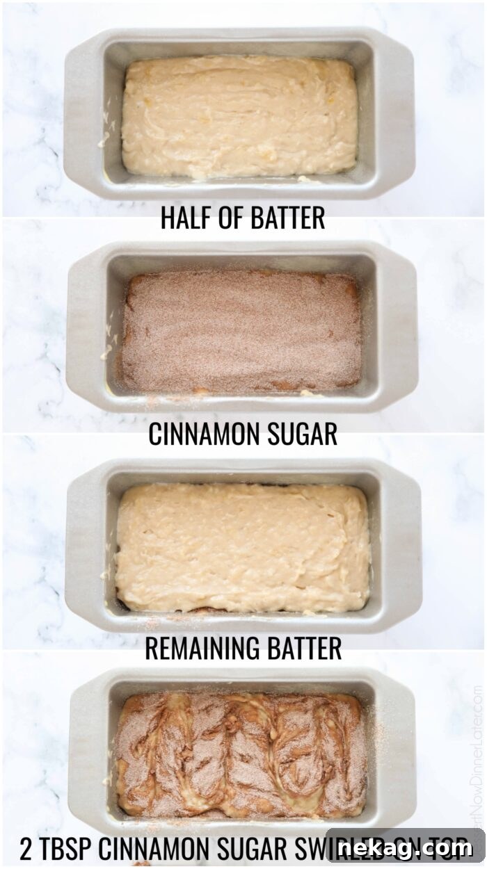 A step-by-step visual guide showing how to layer and swirl the banana bread batter with cinnamon sugar in a loaf pan, leading to the distinct cinnamon ribbon.