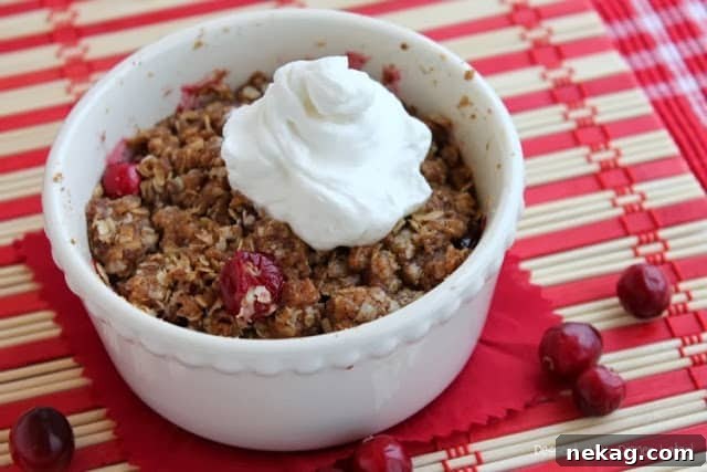 Close-up of the crispy oat topping on a freshly baked Cranberry Apple Crisp, showing its golden brown texture.
