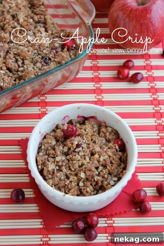 A serving of warm Cranberry Apple Crisp topped with a scoop of vanilla bean ice cream.