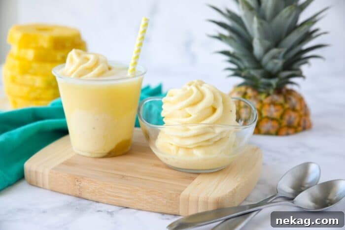 A side-by-side comparison of homemade Pineapple Dole Whip and a Pineapple Dole Float, beautifully presented in clear glasses.