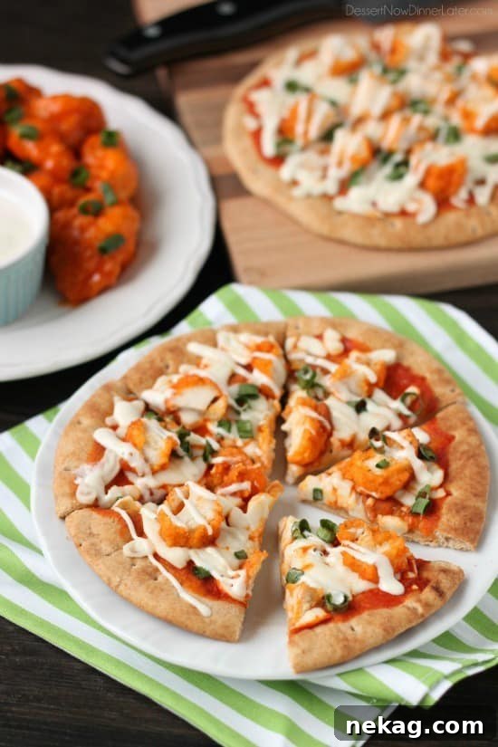 A close-up of a delicious Buffalo Chicken Flatbread Pizza, made with Farm Rich Boneless Buffalo Chicken Bites.