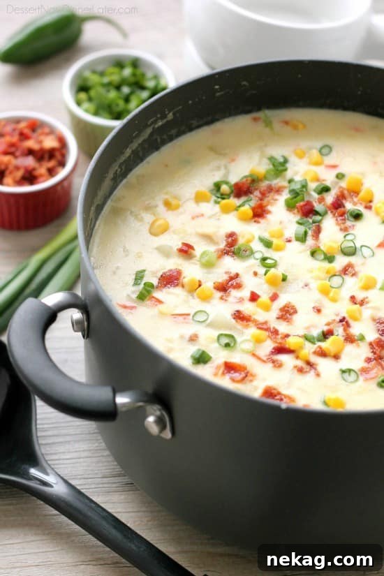 11 Scrumptious Soups Featuring Creamy Chicken and Corn Chowder 5 This Creamy Chicken and Corn Chowder is hearty and comforting with generous helpings of chicken, corn, bacon, green onions, potatoes and a slight kick of jalapeño.