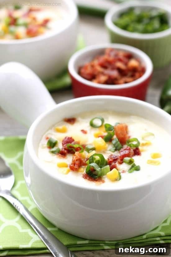 11 Scrumptious Soups Featuring Creamy Chicken and Corn Chowder 6 This Creamy Chicken and Corn Chowder is hearty and comforting with generous helpings of chicken, corn, bacon, green onions, potatoes and a slight kick of jalapeño.
