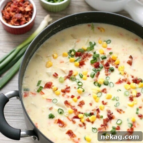 11 Scrumptious Soups Featuring Creamy Chicken and Corn Chowder 7 This Creamy Chicken and Corn Chowder is hearty and comforting with generous helpings of chicken, corn, bacon, green onions, potatoes and a slight kick of jalapeño.