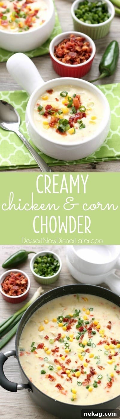 11 Scrumptious Soups Featuring Creamy Chicken and Corn Chowder 8 This Creamy Chicken and Corn Chowder is hearty and comforting with generous helpings of chicken, corn, bacon, green onions, potatoes and a slight kick of jalapeño.