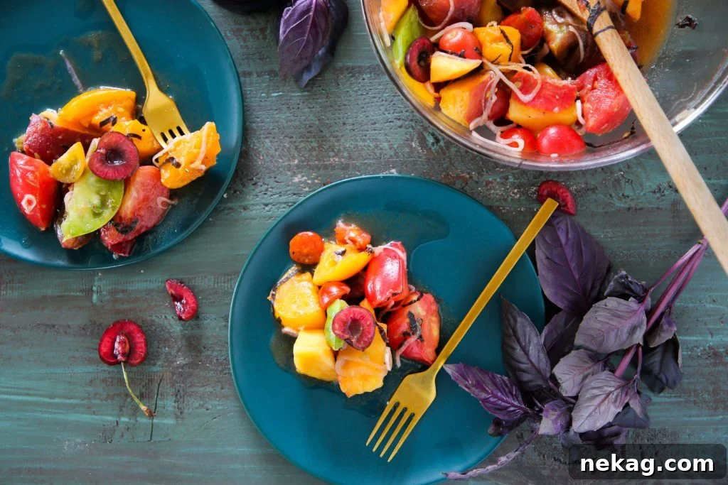 Tomato Peach Salad with different stone fruits and cheese
