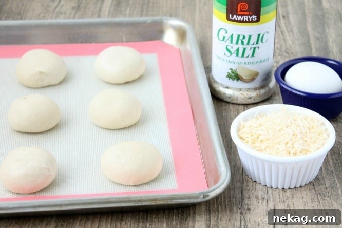 Heart Shaped Breadsticks Ingredients: Rhodes rolls, garlic salt, shredded parmesan cheese, egg displayed on a counter.