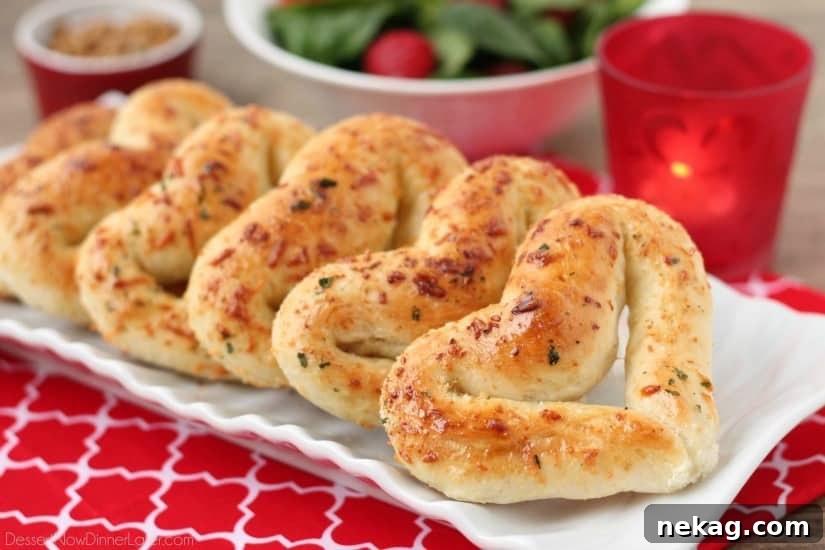 Baked heart shaped breadsticks arranged on a plate, ready to be enjoyed.