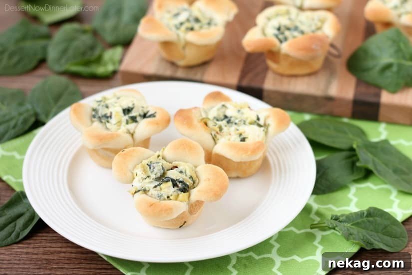 Artichoke Spinach Blossom Bites 9 Creamy Spinach Artichoke Dip is baked in the center of bread cups that are shaped to look like blooming flowers. A fun and delicious Easter appetizer.