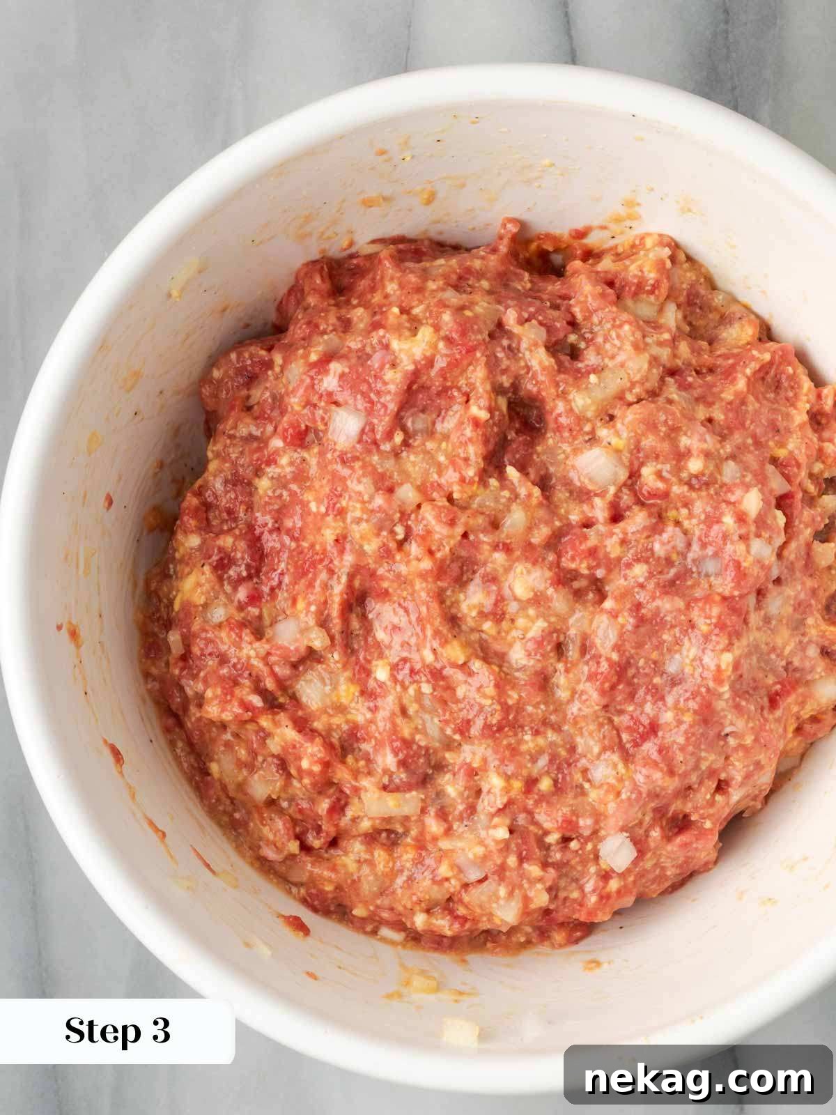 Sweet and Sticky Brown Sugar Meatloaf 6 meatloaf mixed in white bowl.