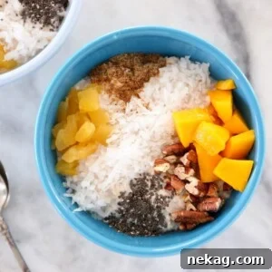 Tropical Overnight Oats in blue bowl.