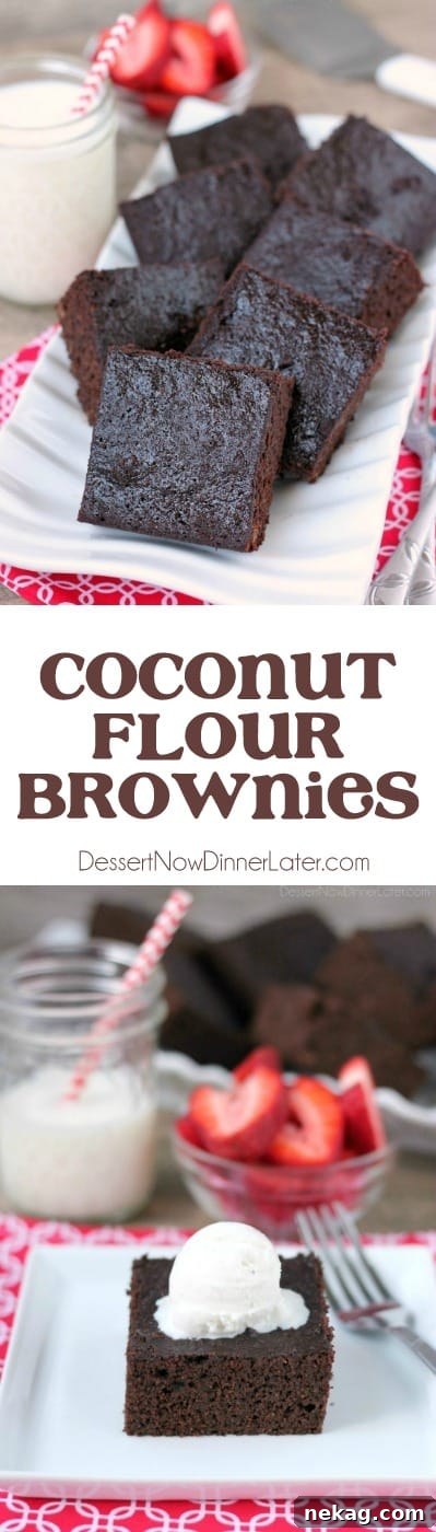 An overhead shot of gluten-free coconut flour brownies cut into squares, showcasing their dense, moist texture.