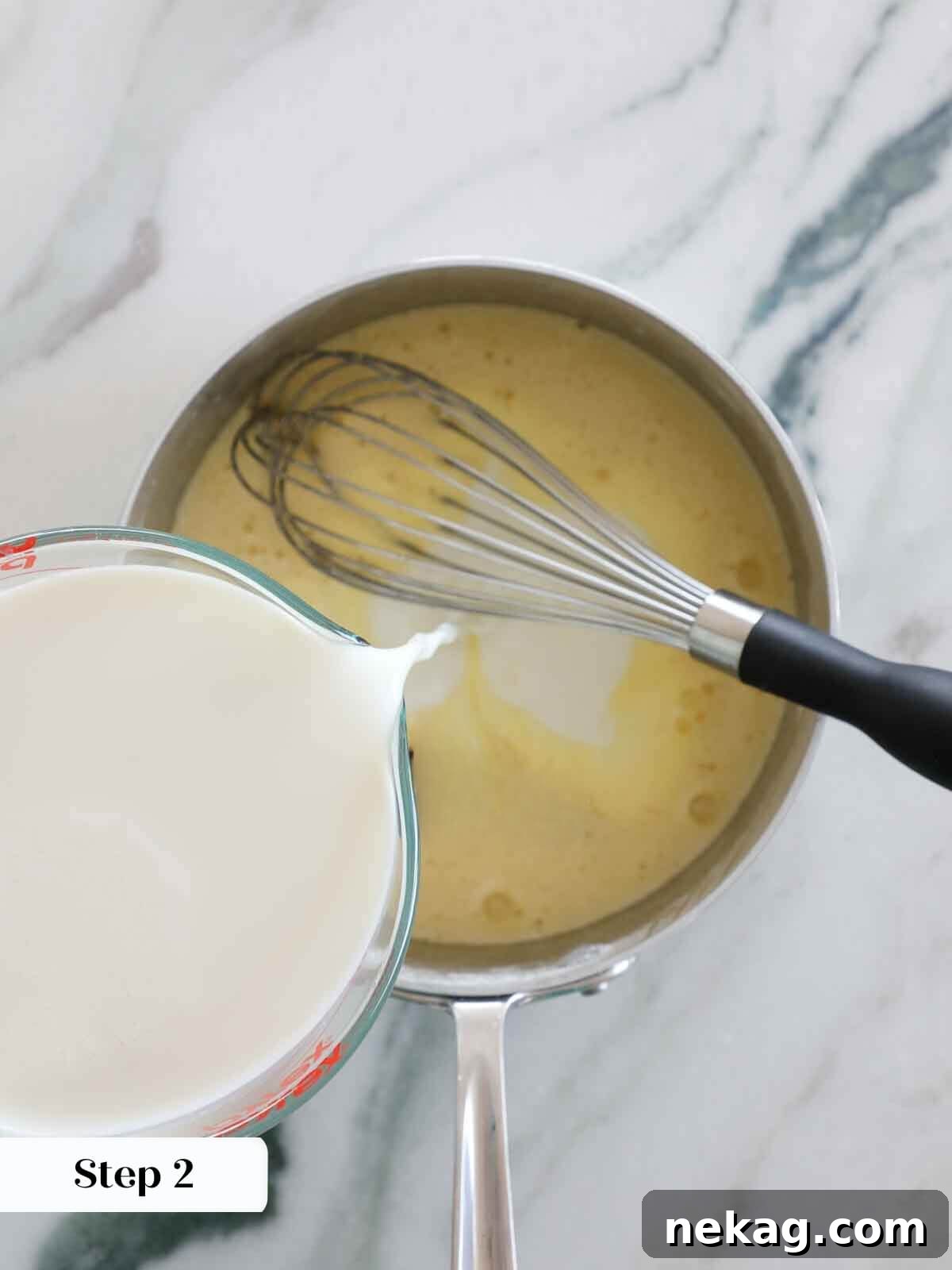 Golden Caramel Delight 6 Slowly whisking milk into the egg and sugar mixture for caramel pudding.