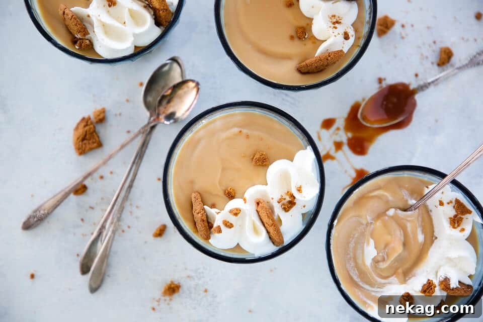 Golden Caramel Delight 9 Four glass coupes filled with caramel pudding, garnished and ready.