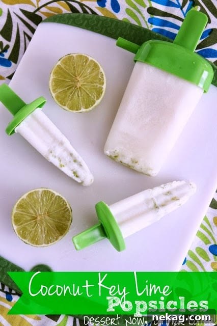 Creamy Coconut Key Lime Popsicles 2 A close-up shot of a refreshing Coconut Key Lime Popsicle, showing its creamy texture and vibrant green color.
