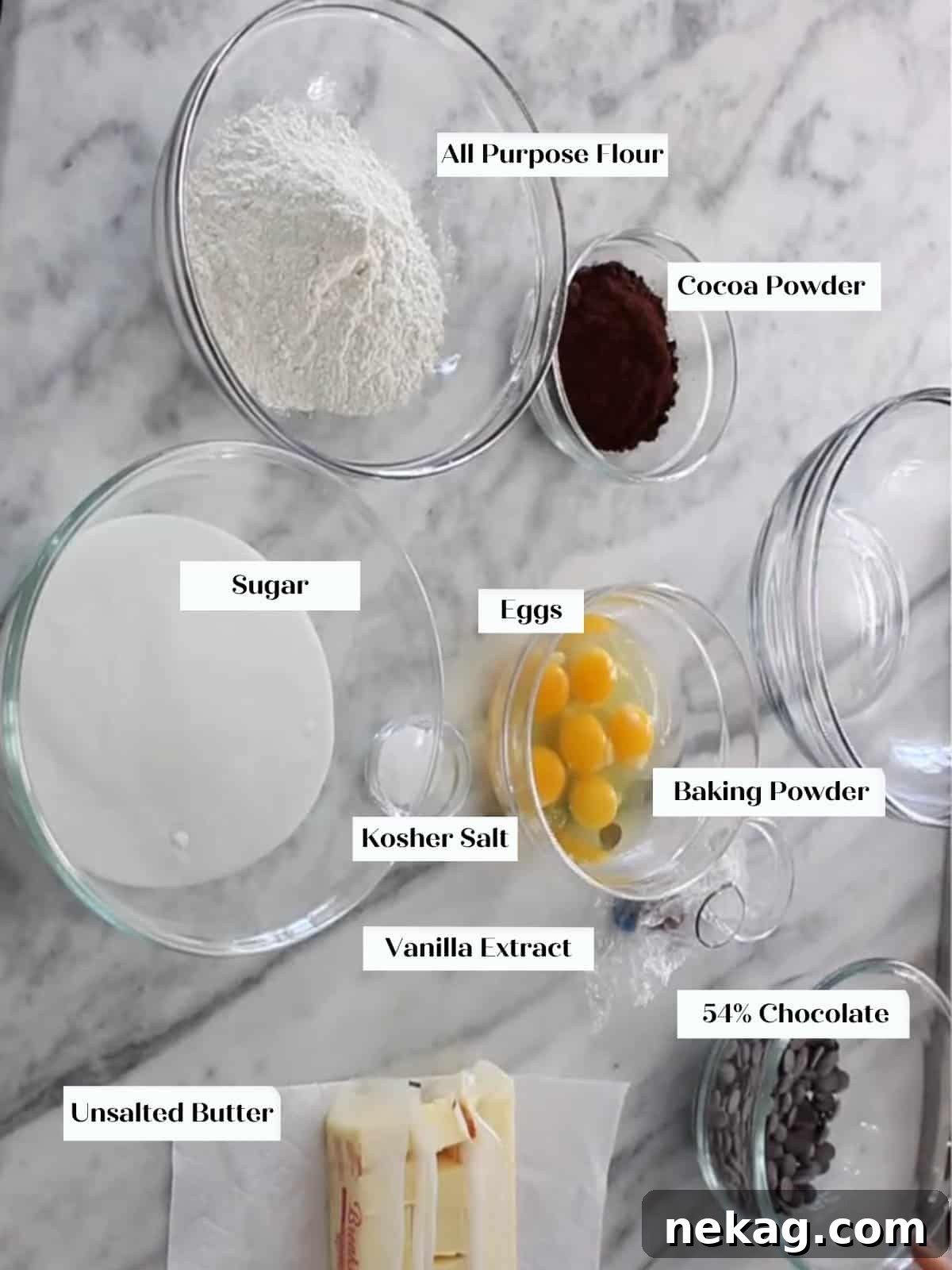 Ultimate Fudgy Brownie Perfection 4 Measured brownie ingredients arranged on a kitchen counter, ready for mixing.