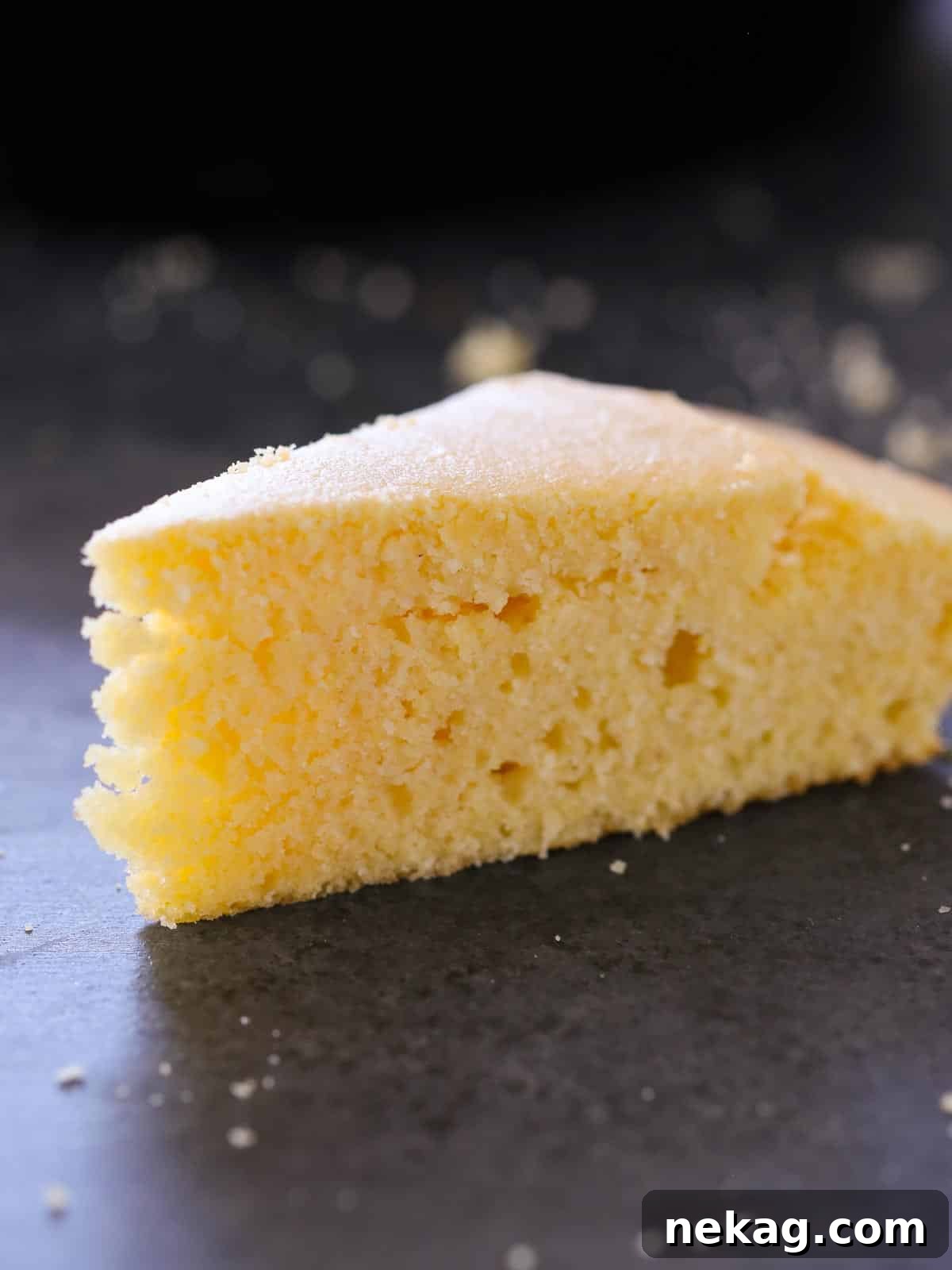 sliced southern cornbread in black cast iron skillet in background.
