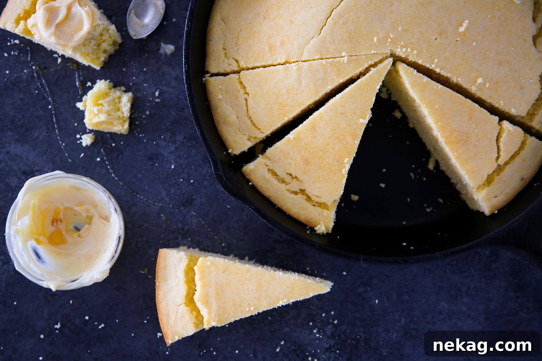 slices of southern cornbread inside and around black cast iron skillet.