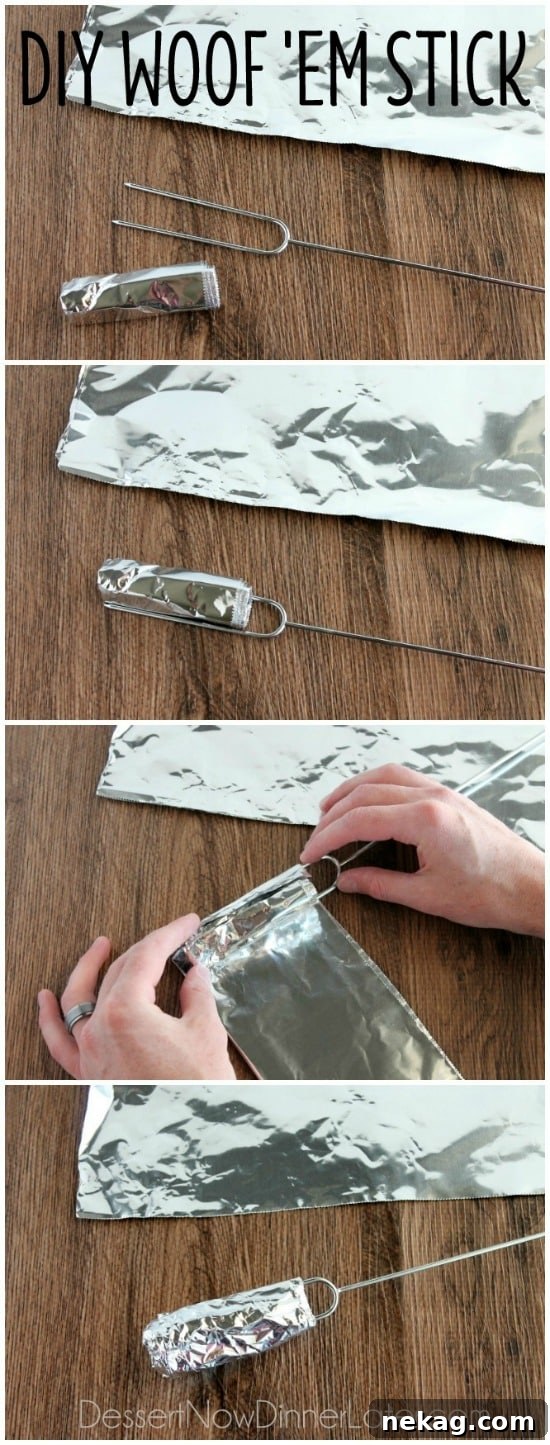 Detailed step-by-step image showing how to create a DIY Woof 'Em stick from a regular hot dog roasting stick and aluminum foil.