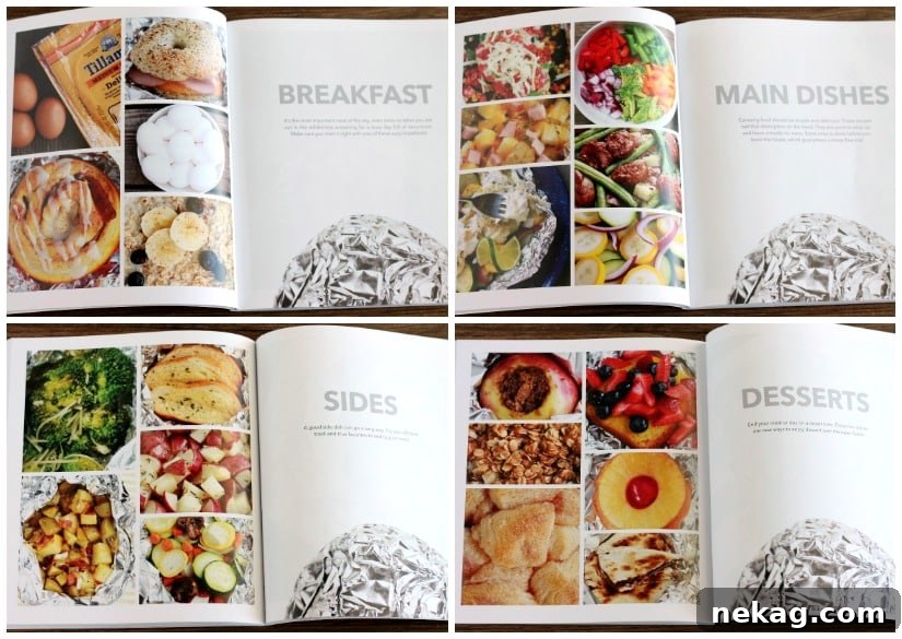 Categories of tin foil recipes from the FOILED! Cookbook: Breakfast, Main Dish, Sides, and Desserts.