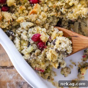 Mushroom Cornbread Stuffing in white baking dish