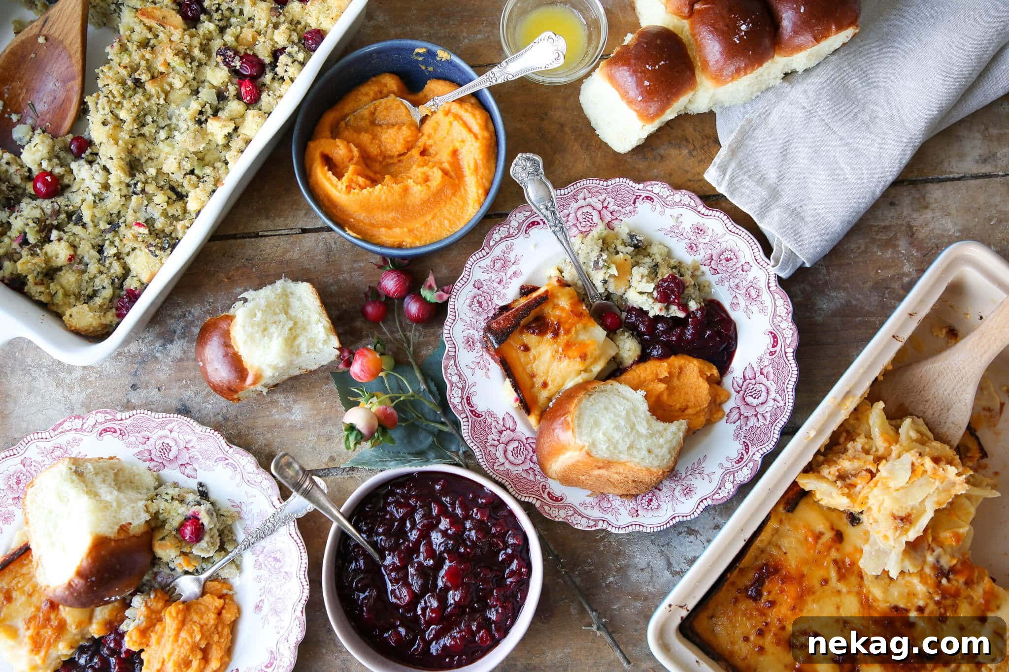 Thanksgiving Traditions A Recipe and Menu Collection 27 A festive Thanksgiving menu with plated side dishes, showcasing a well-organized and delicious holiday meal.