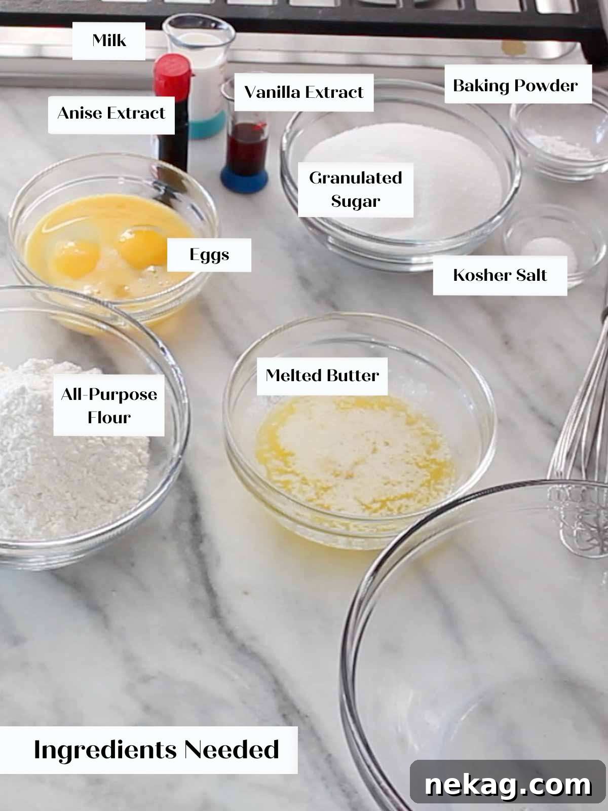 Individual pizzelle ingredients neatly arranged on a marble counter, clearly labeled.