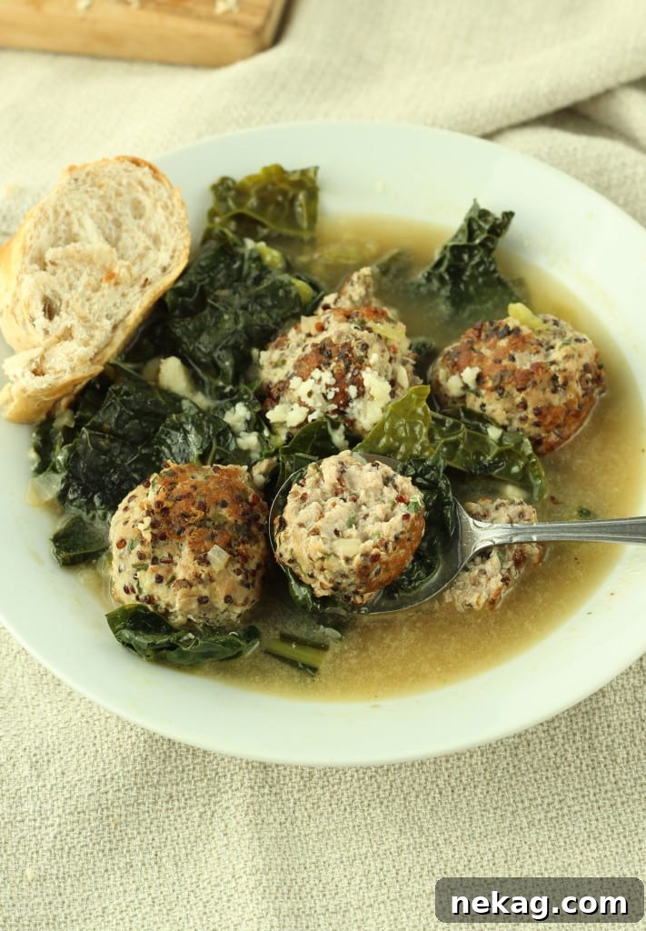 Hearty Turkey Meatball and Kale Soup 3 Homemade Turkey Meatballs in a savory kale broth