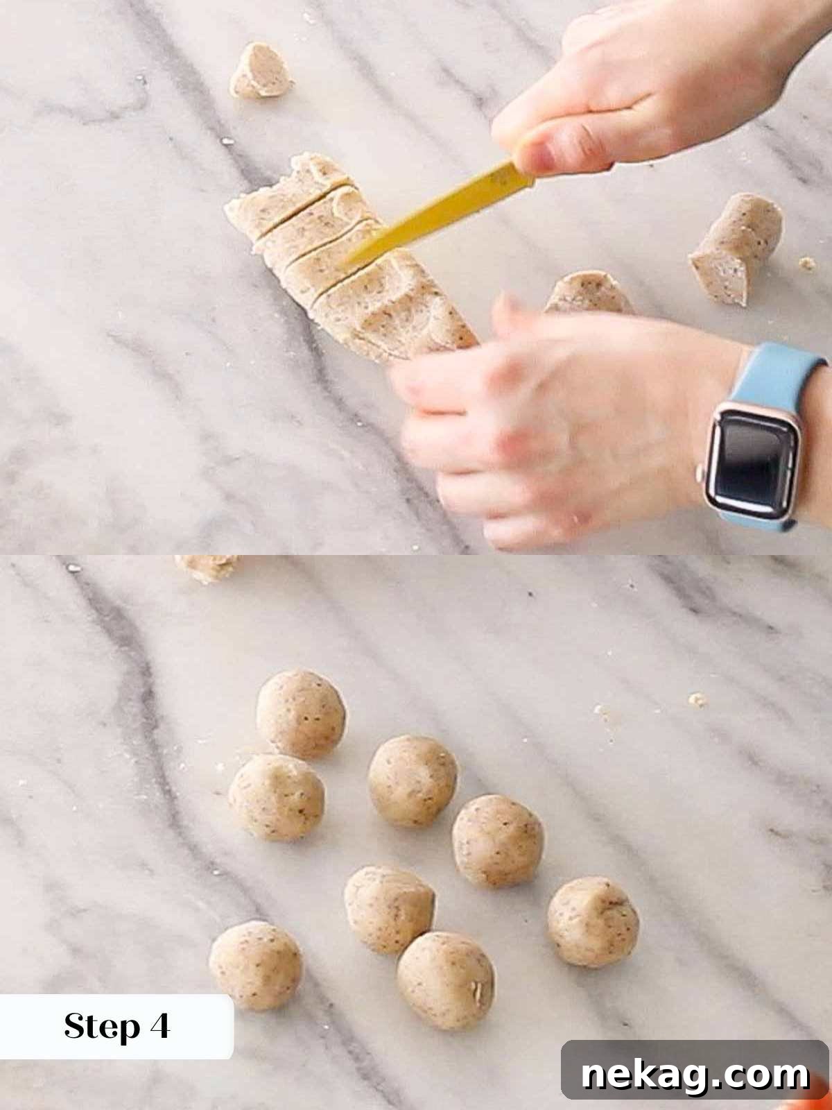 Buttery Almond Crescents 7 portioning and rolling dough.