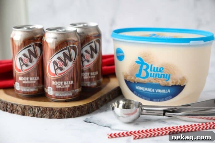 Creamy Root Beer Chill 5 Two chilled cans of A&W Root Beer standing alongside a tub of creamy vanilla ice cream, showcasing the simple ingredients needed for a Root Beer Freeze.